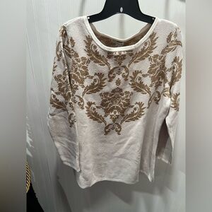 Susan Graver Cream and Golden Brown Crew Neck Sweater